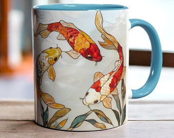 Stained Glass Koi Fish Mug, 11oz Ceramic Fishes Mug, Colorful Koi Coffee Cup, Perfect Gift for Koi Fish Lovers, Fishing Gift, Aquatic Gift