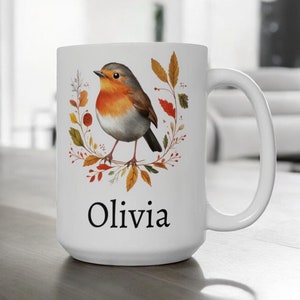 Personalized Robin Bird Mug, Custom Name 11oz 15oz Ceramic Robin Coffee Cup, Nature Birdwatcher Gift, Autumn Bird Tea Cup, Robin Bird Lover
