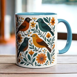 Flowery Bird Coffee Mug, Whimsical Nature Birds Cup, Colorful Folk Art Mug 11oz, Gift for Bird Lovers, Unique Bird Mug, Birdwatching Gift