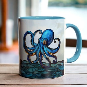 Stained Glass Octopus Coffee Mug, Nautical Ocean Animal Mug, Blue Octopus Ceramic Cup, Sea Lover Gift, Marine Life Ocean Themed Drinkware