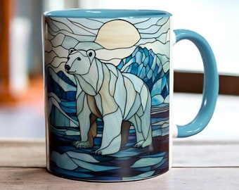 Stained Glass Polar Bear Mug, Ceramic Ice Bear Cup 11oz, Arctic Animal Coffee Mug, Winter Holiday Mug, Christmas Wolf Lover Gift