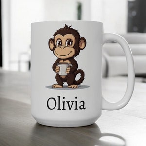 Personalized Monkey Mug, Ceramic Monkey Coffee Mug 11oz 15oz, Custom Name Mug, Monkey Cup, Cute Monkey Gift, Custom Coffee Cup, Name Gift