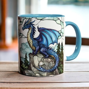 Blue Dragon Mug, Ceramic Dragon Coffee Cup 11oz, Stained Glass Dragon Cup, Medieval Themed Tea Cup, Fantasy Mug, Dragon Gift, Fantasy Gift