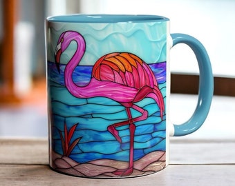 Flamingo Stained Glass Mug, Tropical Bird Ceramic Coffee Mug, Flamingo Lover Gift, Pink Flamingo Mug, Beach Mug, Gift for Her, Summer Mug