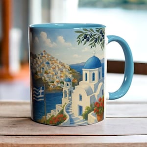 Santorini Greece Mug, Greek Island Coffee Cup 11oz, Santorini Landscape Art Mug, Mediterranean Travel Gift, Pretty Blue Greece Mug Ceramic