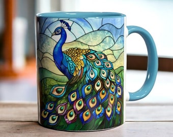 Stained Glass Peacock Mug, Colorful Bird Coffee Cup 11oz, Peacock Art Ceramic Mug, Nature Lover Gift, Elegant Wildlife Drinkware