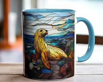 Stained Glass Seal Mug 11oz, Ocean Wildlife Coffee Cup, Cute Marine Animal Ceramic Mug, Nature Lover Gift, Unique Coastal Decor Drinkware,