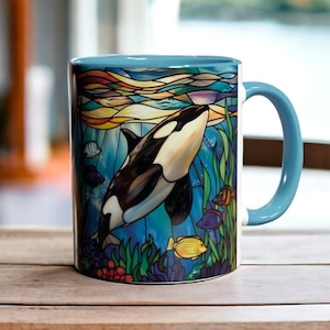 Orca Mug, Stained Glass Whale Coffee Cup, Ocean Lover Gift, Underwater Marine Life Mug, Killer Whale Art Mug, 11oz Ceramic Nautical Tea Cup