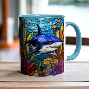 Shark Mug, Ceramic Shark Coffee Cup 11oz, Stained Glass Shark Themed Tea Cup, Ocean Mug, Shark Lover Gift, Ocean Themed Present, Shark Gift