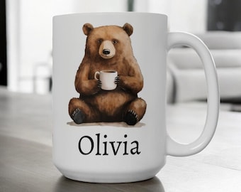 Personalized Bear Mug, Ceramic Brown Bear Coffee Mug 11oz 15oz, Custom Name Mug, Bear Cup, Cute Bear Gift, Custom Coffee Cup, Name Gift