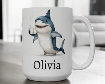Personalized Shark Mug, Ceramic Shark Coffee Mug 11oz 15oz, Custom Name Mug, Shark Cup, Cute Shark Gift, Custom Coffee Cup, Name Gift