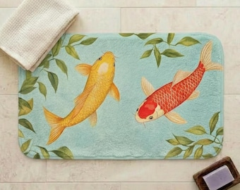 Alfombra de baño con diseño de peces koi, alfombra de baño japonesa, alfombra de baño asiática, alfombra con diseño de peces koi, alfombra de baño botánica, decoración zen para el hogar, alfombra de baño bonita, regalo para amantes de la naturaleza
