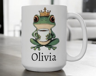Frog Mug Crown, Custom Name Coffee Cup, Cute Frog Gift, 11oz 15oz, Personalized Animal Lover Gift, Funny Frog Mug for Friends, Frog Lover