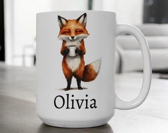 Taza de zorro personalizada con nombre, linda taza de café de zorro del bosque de 325 ml y 433 ml, taza de animal personalizada, regalo para amantes de los zorros