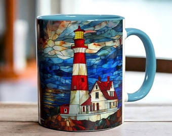 Vibrant Lighthouse Coffee Mug, Ceramic Lighthouse Cup 11oz 15oz, Stained Glass Nautical Coffee Cup, Beach House Decor, Lighthouse Gift