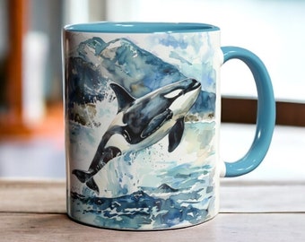 Tazza da caffè con orca, regalo per gli amanti dell'oceano, tazza con fauna marina, tazza in ceramica con orca assassina da 325 ml, articoli per bevande con decorazioni nautiche, regalo per gli amanti delle orche