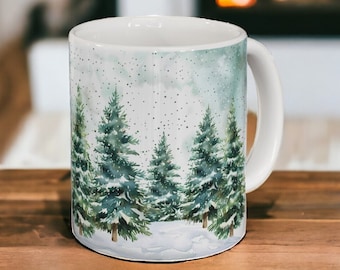 Mug sapin enneigé, tasse à café d'hiver confortable, tasse forêt hivernale en céramique de 11 oz (15 oz), tasse à thé arbre, tasse de vacances, cadeau de saison, cadeau de Noël