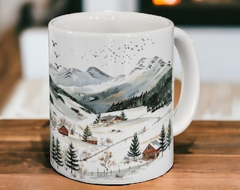 Keramische mok winterlandschap, winterkoffiemok 11oz 15oz, besneeuwde bomen bos berg theekop, vakantiemok, seizoenscadeau, kerstcadeau