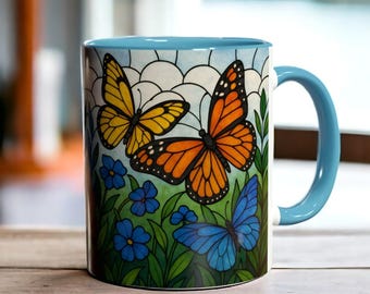 Gebrandschilderd glas vlindermok, monarchvlinder koffiemok, cadeau vlinderliefhebber, tuinmok, lentemok, natuurliefhebber cadeau, cadeau voor haar