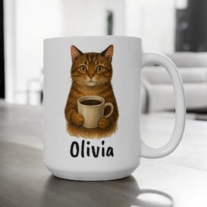 Custom Cat Mug with Name, Cute Tabby Cat Coffee Cup, Personalized Pet Lover Gift, Kitty Mug with Name, Ceramic Cat Tea Cup 11oz 15oz