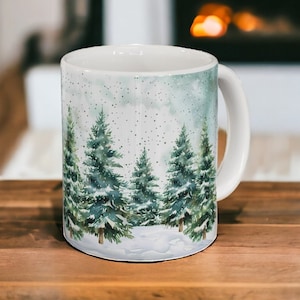 Snowy Pine Tree Mug, Cozy Winter Coffee Mug, 11oz 15oz Ceramic Winter Forest Mug, Tree Tea Cup, Holiday Mug, Seasonal Gift, Christmas Gift