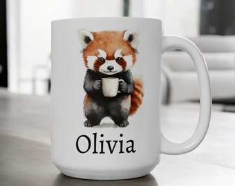 Taza personalizada de panda rojo, taza de café de cerámica con diseño de panda rojo de 325 ml (11 oz) y 444 ml (15 oz), taza con nombre personalizado, lindo regalo de panda rojo, taza de café personalizada, regalo con nombre