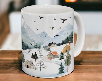 Winterkoffiemok, winterse keramische keramische mok 11oz 15oz, besneeuwde landschap bomen bos berg theekop, vakantiemok, kerstcadeau