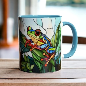 Stained Glass Frog Mug, Artistic Frog Coffee Cup 11oz, Amphibian Art, Frog Lover Gift, Ceramic Frog Coffee Mug, Nature Themed Animal Mug