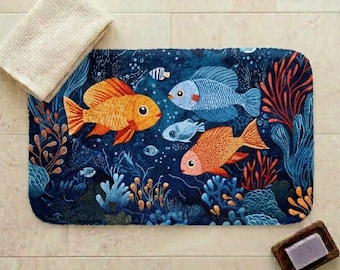 Tappetino da bagno con barriera corallina, tappeto da bagno con pesci tropicali, tappetino da bagno con oceano, decorazioni subacquee, tappetino da bagno con vita marina, tappeto con pesci colorati, decorazioni per il bagno a tema spiaggia