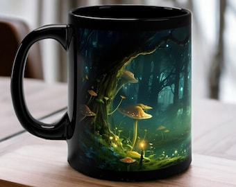 Mug Mystic Fantasy Forest - Forêt enchantée avec lucioles et champignons, Mug forêt de conte de fées, Mug en céramique fantaisiste, Mug phosphorescent
