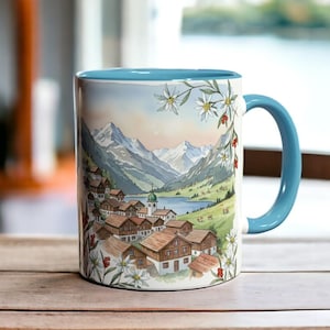 Swiss Alps Mug 11oz, Alpine Village Coffee Cup, Mountain Cabin Art, Mountain Scene Souvenir, Switzerland Travel Gift, Scenic Ceramic Mug