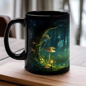 Mystic Fantasy Forest Mug - Enchanted Forest with Fireflies and Fungi, Fairy-Tale Forest Mug, Whimsical Ceramic Mug, Glow-in-the-dark Mug