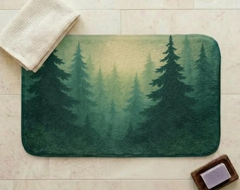 Forest Bath Mat, Misty Pine Trees Bathroom Rug, Nature Lover Gift, Cottagecore Bathroom Decor, Woodland Bath Mat, Rustic Cabin Housewarming