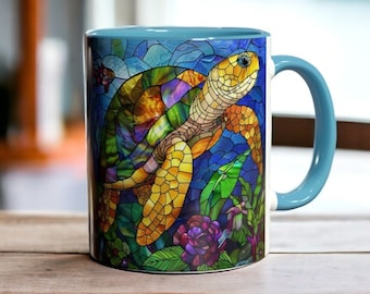 Stained Glass Sea Turtle Mug, Ceramic Turtle Cup 11oz, Perfect Gift for Turtle Lovers & Ocean Enthusiasts, Sea Animal Gift, Coastal Decor