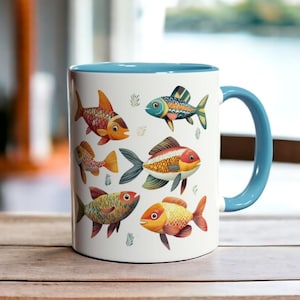 Colorful Fish Mug, Aquarium Coffee Cup, Tropical Fish Lover Gift, Vibrant Animal Mug, Betta Koi Art, Ceramic 11oz Fishes Coffee Mug Decor