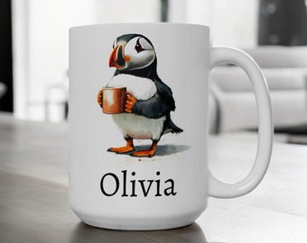 Personalized Puffin Mug, Ceramic Puffin Coffee Mug with Name 11oz 15oz, Custom Name Mug, Cute Puffin Gift, Custom Coffee Cup, Name Gift