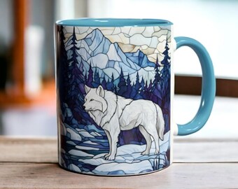 Mug loup d'hiver 11 oz, tasse à café faune arctique, tasse scène de forêt de montagne, cadeau pour amoureux des loups, tasse à thé art nature, verres d'hiver confortable