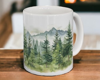 Immergrüner Waldbecher, Keramik Naturlandschaftsbecher 11 Unzen, ruhiger Waldkaffeetasse, Becher mit Bäumen, grüner Baumbecher, Bergbecher, Waldgeschenk