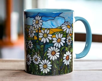 Gebrandschilderd glas madeliefje, koffiekopje bloemen, mok botanische kunst, cadeau wilde bloemenliefhebber, tuinmok, 11oz keramische madeliefjebeker, bloemrijke mok cadeau