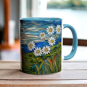 Charming Daisy Mug 11oz, Stained Glass Floral Coffee Cup, Spring Wildflower Mug, Daisy Lover Nature Gift, Flowery Cottagecore Botanical Mug