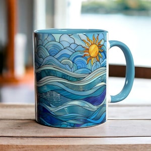 Stained Glass Ocean Wave Mug, Nautical Coffee Cup, Ocean Lover Gift, Coastal Decor Mug, Colorful Sea Mug, 11oz Ceramic Ocean Themed Mug Gift