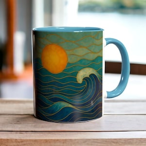 Ocean Wave Coffee Mug, Stained Glass Sea Art Mug, Surfer Beach Gift, Sun Waves Ceramic Cup 11oz, Coastal Decor Mug, Pretty Ocean Lover Gift