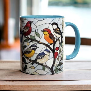 Backyard Birds Mug, Stained Glass Bird Coffee Cup, Colorful Songbirds Nature Gift, Garden Birdwatcher Mug, 11oz Ceramic Bird Lover Mug