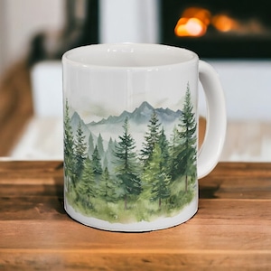 Evergreen Forest Mug, Ceramic Nature Landscape Mug 11oz, Serene Forest Coffee Cup, Mug with Trees, Green Tree Mug, Mountain Mug, Forest Gift