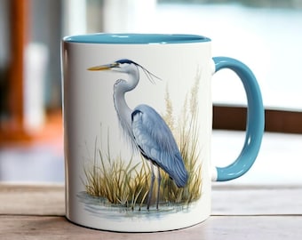 Taza de garza azul, taza de café con diseño de ave costera de 325 ml, regalo para amantes de la vida silvestre, taza de cerámica con garza en acuarela, regalo para observadores de aves inspirado en la naturaleza.