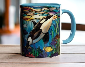 Stained Glass Orca Mug 11oz, Killer Whale Coffee Cup, Ocean Lover Gift, Marine Life Ceramic Mug, Coastal Wildlife Drinkware