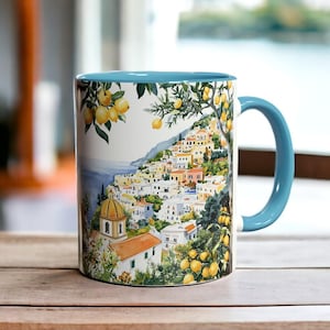 Positano Italy Mug, Amalfi Coast Coffee Cup 11oz, Mediterranean Travel Gift, Lemon Art Mug, Coastal Landscape Coffee Mug Nature Italian Gift