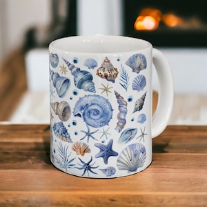Ceramic Seashell Mug, Sheashell Coffee Mug 11oz,  Beach Themed Decor, Sea Shell Coffee Cup, Seashell Collector gift, Ocean themed present