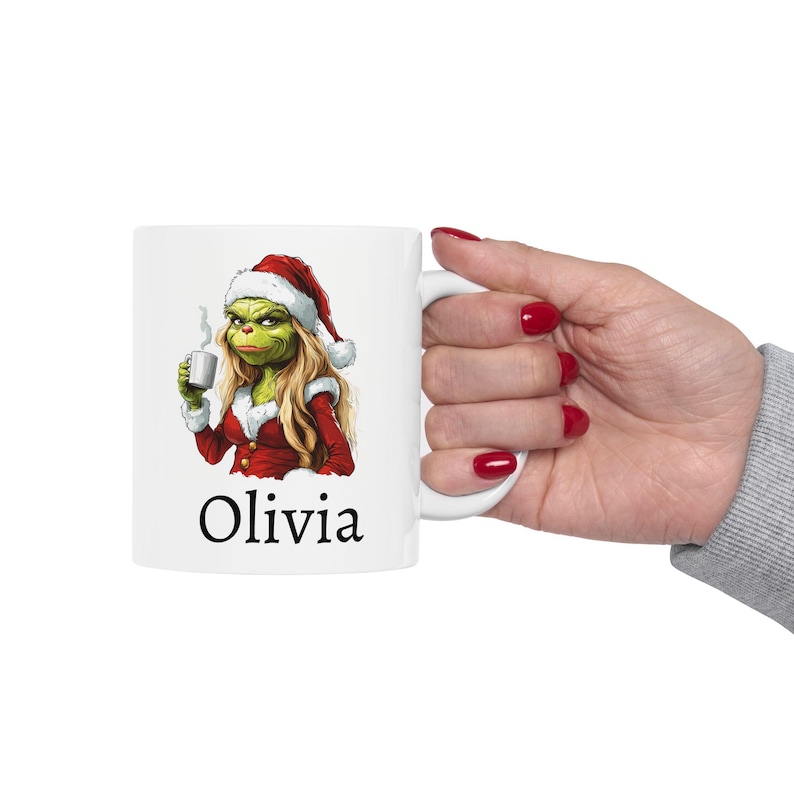 Personalized Female Grinch Mug, Ceramic Christmas Coffee Mug 11oz 15oz