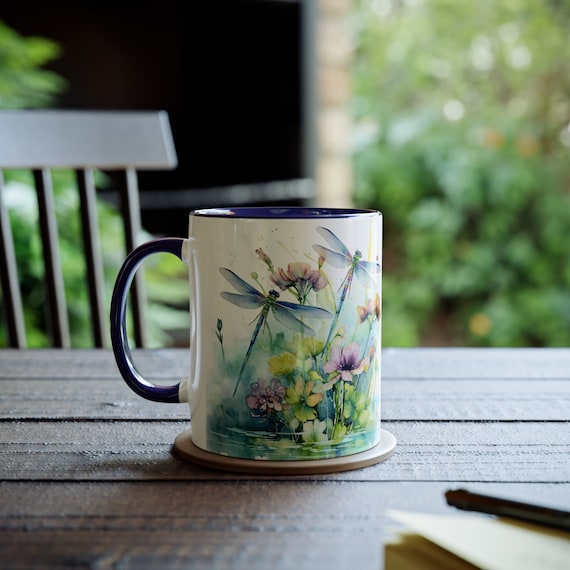 Dragonfly Watercolor Mug, Floral Ceramic Coffee Mug, Dragonfly Gift, Botanical Garden Mug, Nature Lover Gift, Gift for Her, Cottagecore Mug